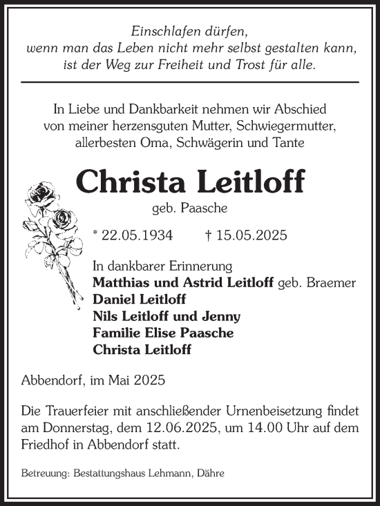 Traueranzeige von Christa Leitloff von Volksstimme Altmark West