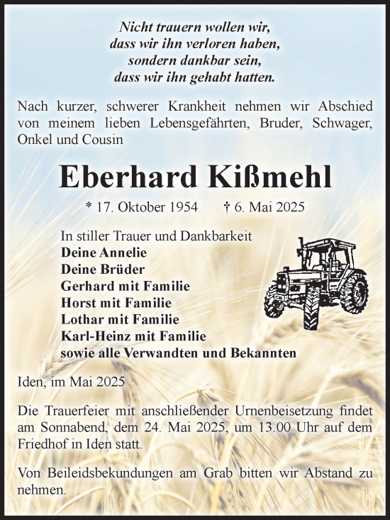 Traueranzeige von Eberhard Kißmehl von Volksstimme Altmark Ost