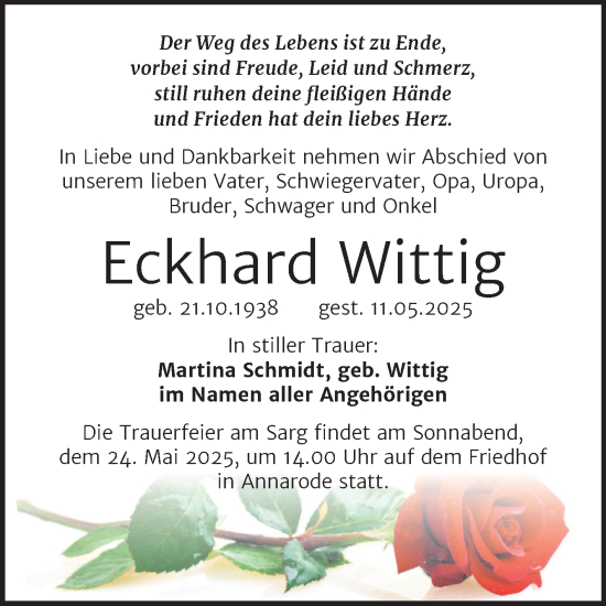 Traueranzeige von Eckhard Wittig von Trauerkombi Mansfelder Land