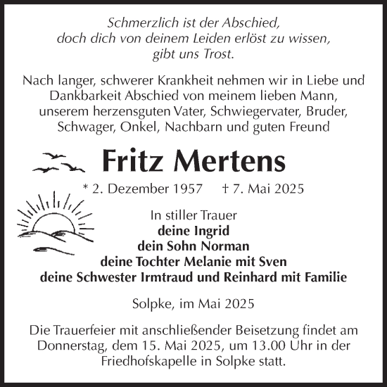 Traueranzeige von Fritz Mertens von Volksstimme Altmark West
