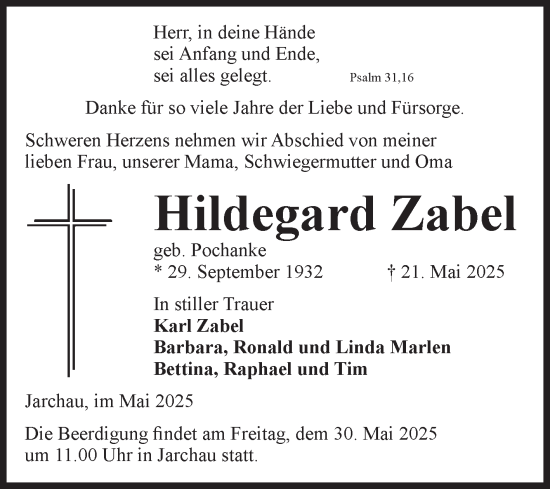 Traueranzeige von Hildegard Zabel von Volksstimme Altmark Ost