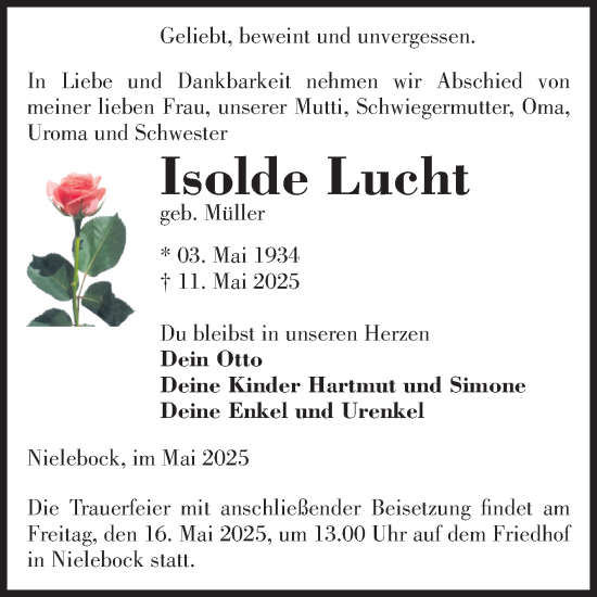 Traueranzeige von Isolde Lucht von Volksstimme Burg/Genthin