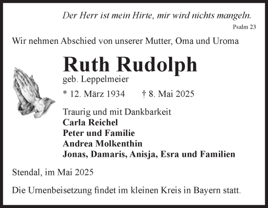 Traueranzeige von Ruth Rudolph von Volksstimme Altmark Ost