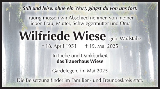 Traueranzeige von Wilfriede Wiese von Volksstimme Altmark West