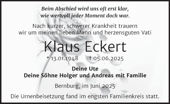 Traueranzeige von Klaus Eckert von Trauerkombi Bernburg
