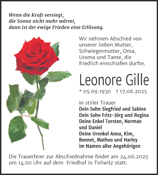 Traueranzeige von Leonore Gille von Trauerkombi Merseburg